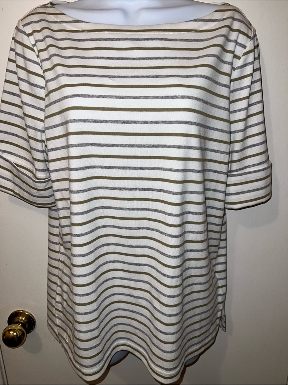 Lauren Ralph Lauren White Top with Olive and Gray Stripes
